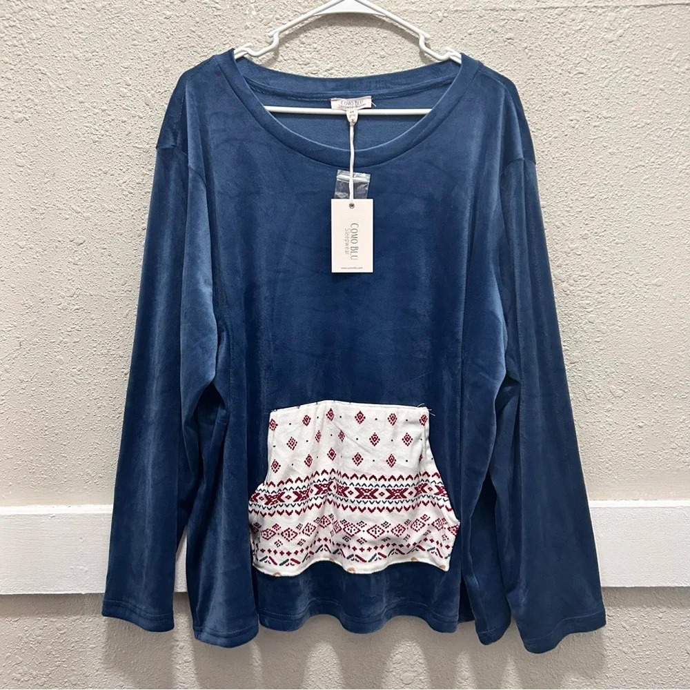 Como Blu Velour Sleepwear Long Sleeve Top with Front Pocket NWT 2X
